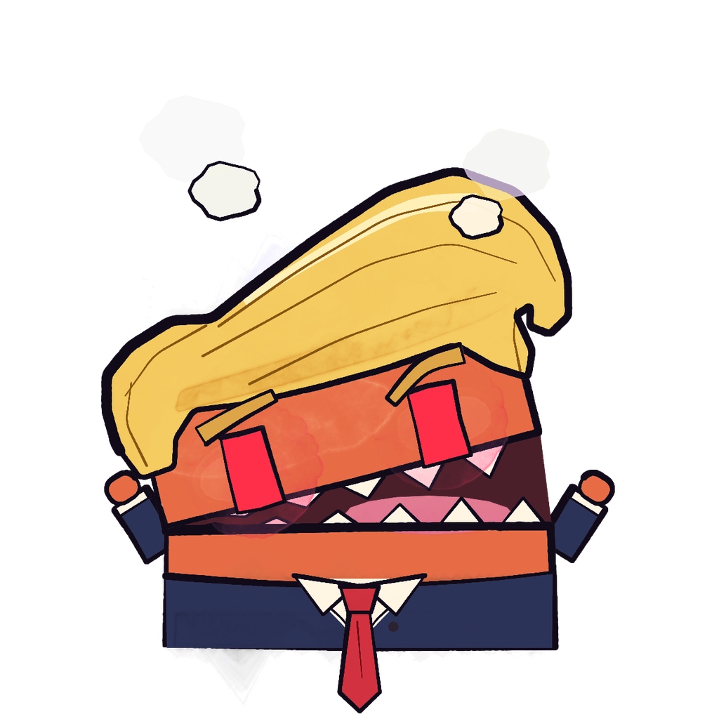 Furious Donawld, red eyes, sharp teeth, steam puffing from his hair