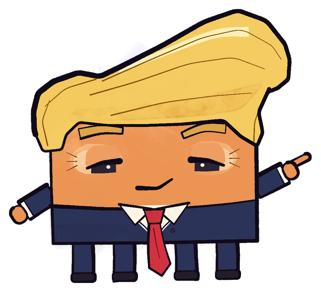 Donawld, a blocky orange cartoon with a huge golden hair swoop, navy suit and long red tie, smirking and pointing to the side